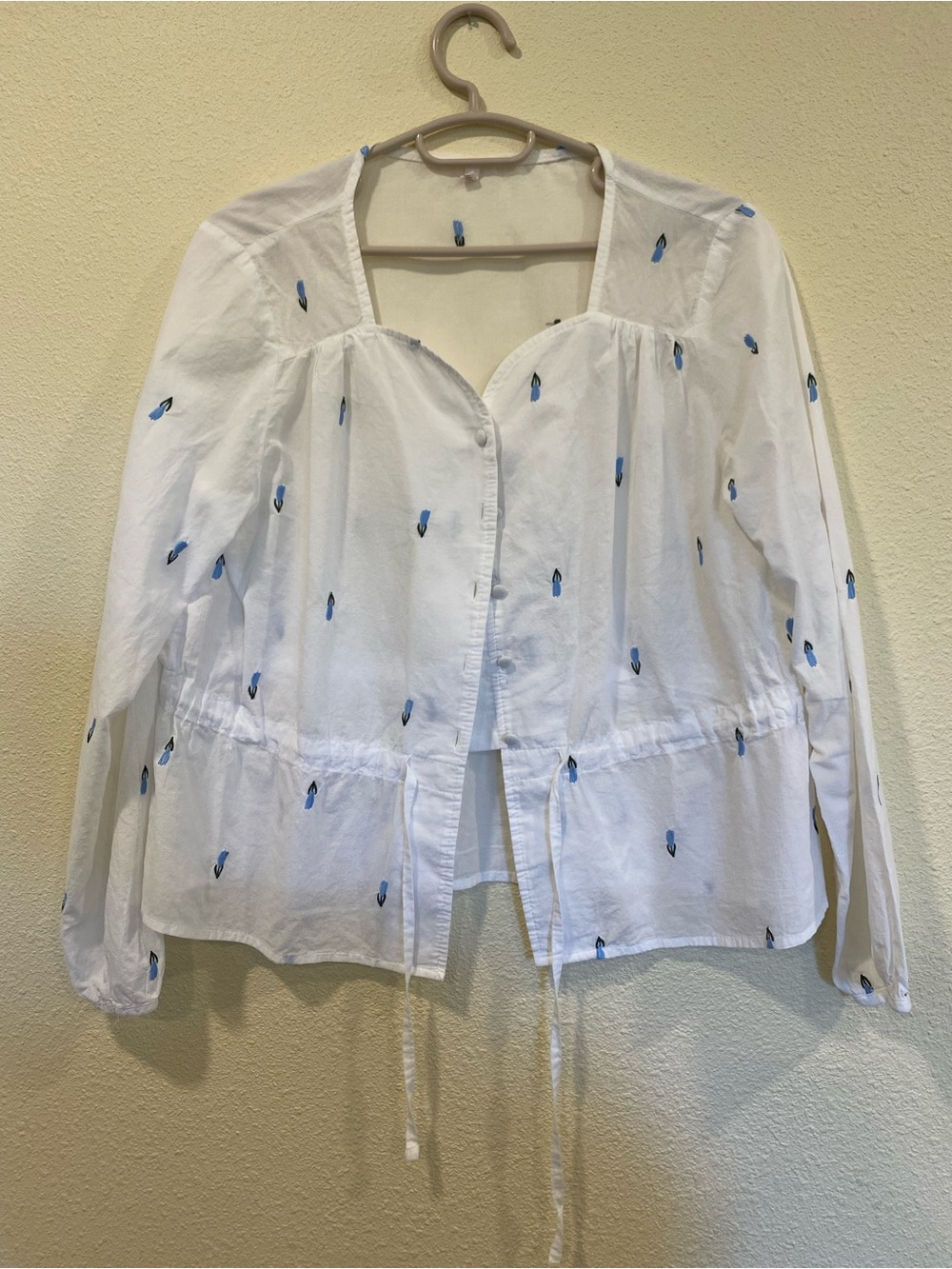 White Button-Front Peasant Blouse with Blue Embroidery